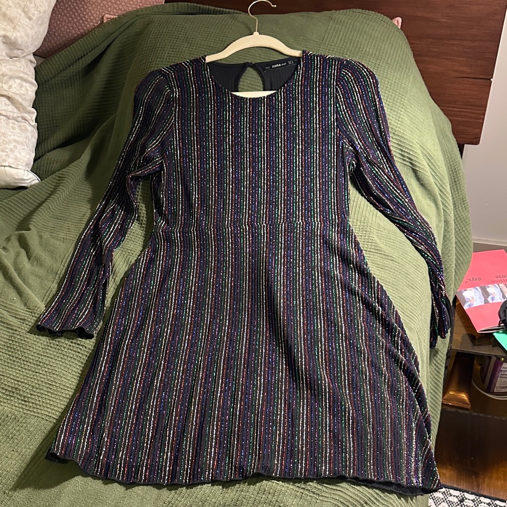 ZARA Multicolor Shiny Striped Long Sleeve Dress